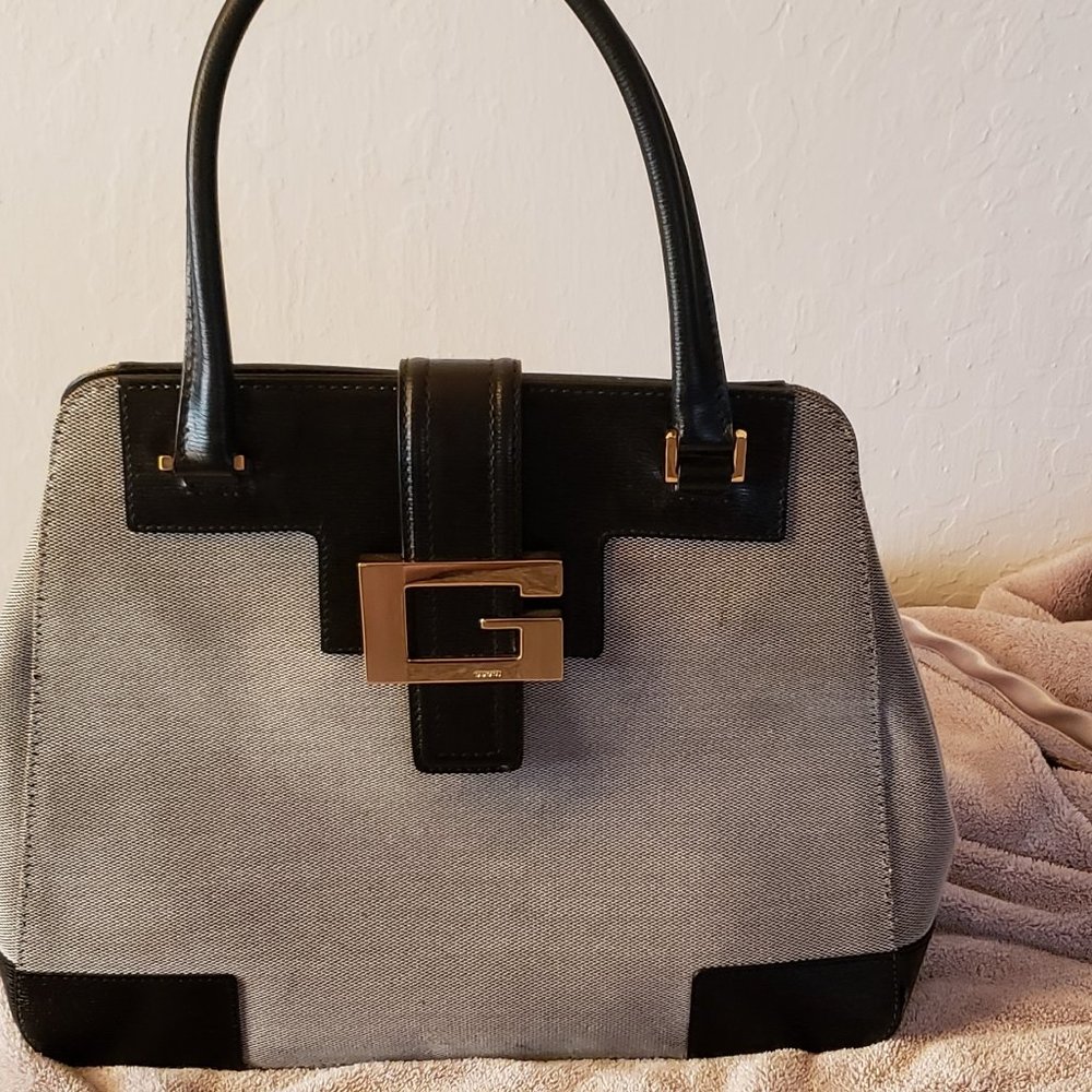 Authentic Gucci Black Leather Trim Handbag w/ Gold